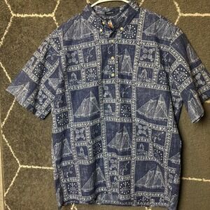 Reyn Spooner Hawaiian Blue Sail Boat Design Navy Blue Large Button Down Large